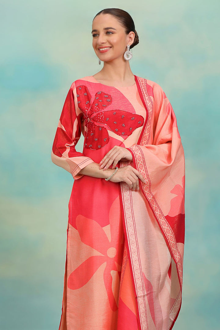 Pink with Digital Print, Beads and Sequins work Straight Cut Salwar Suit
