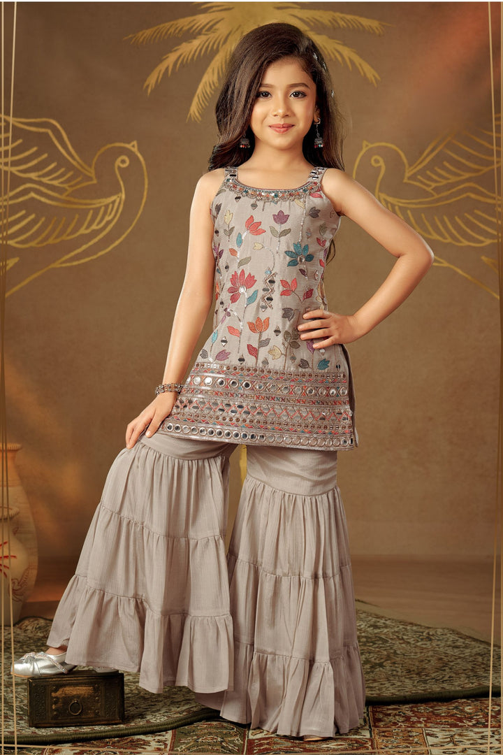 Beige Sequins, Multicolor Thread, Mirror, Beads and Zari work Sharara Suit Set for Girls
