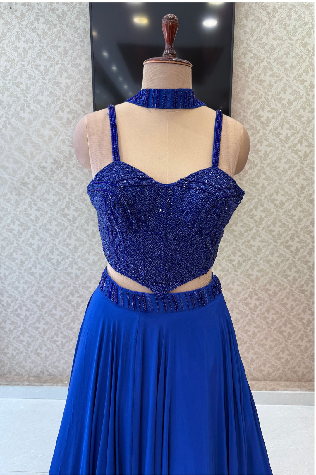 Royal Blue Beads and Sequins work Crop Top Lehenga