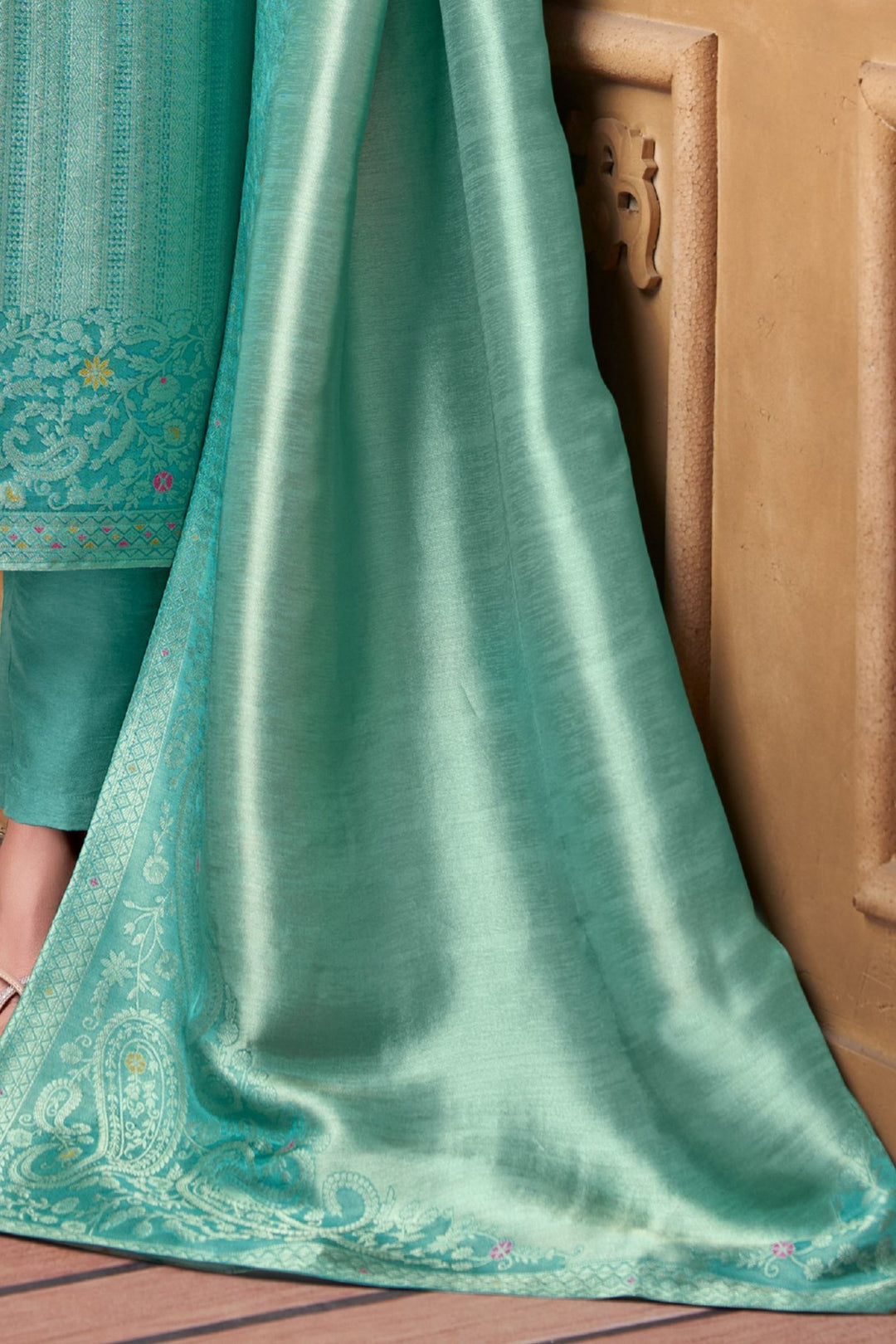 Rama Blue Brocade, Beads, Kundan and Stone work Straight Cut Salwar Suit