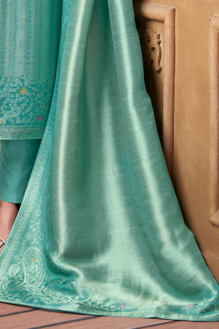 Rama Blue Brocade, Beads, Kundan and Stone work Straight Cut Salwar Suit