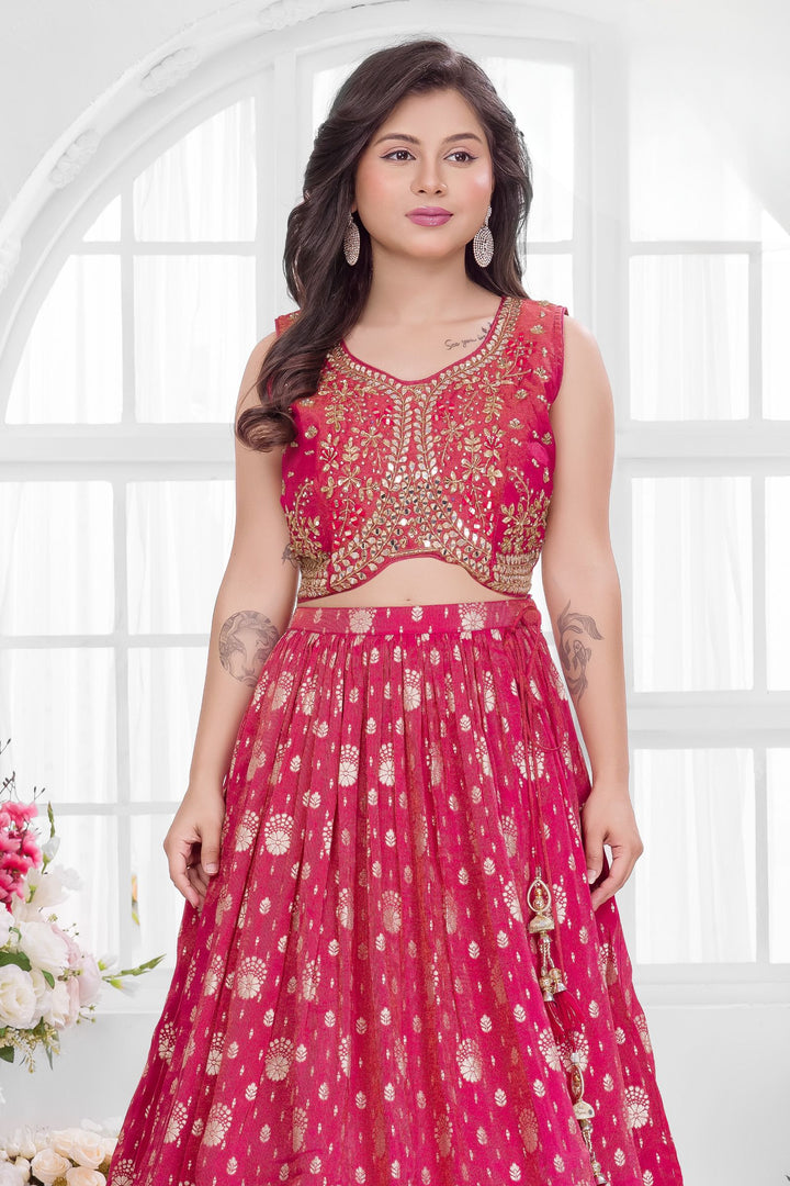Rani Pink Mirror, Stone and Zari work Lehenga Choli for Girls