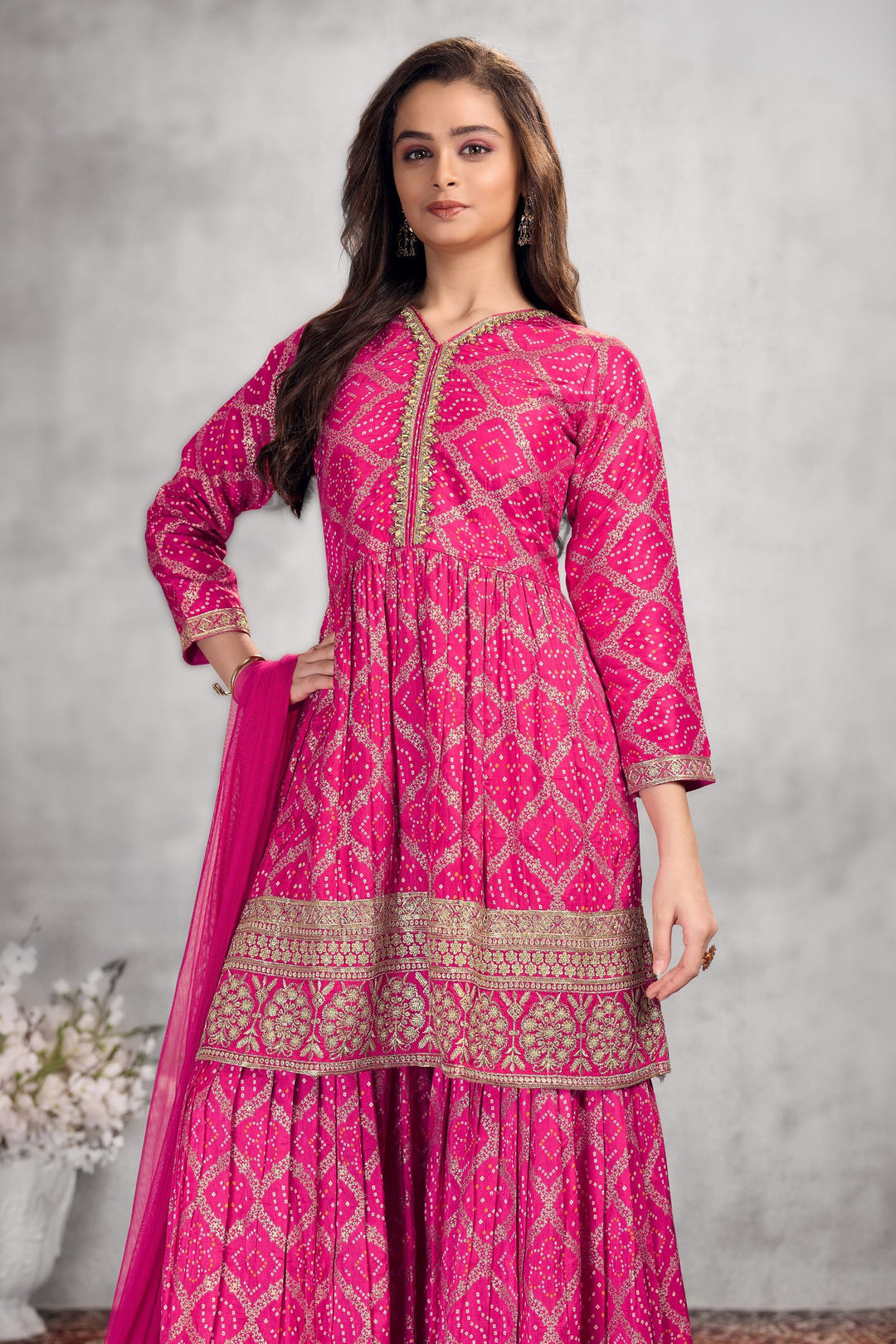 Rani Pink Sequins, Zari, Mirror and Beads work with Bandini Print Sharara Suit Set for Girls