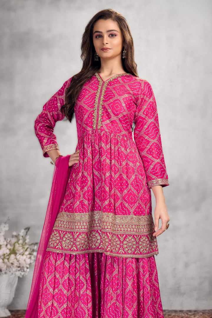 Rani Pink Sequins, Zari, Mirror and Beads work with Bandini Print Sharara Suit Set for Girls