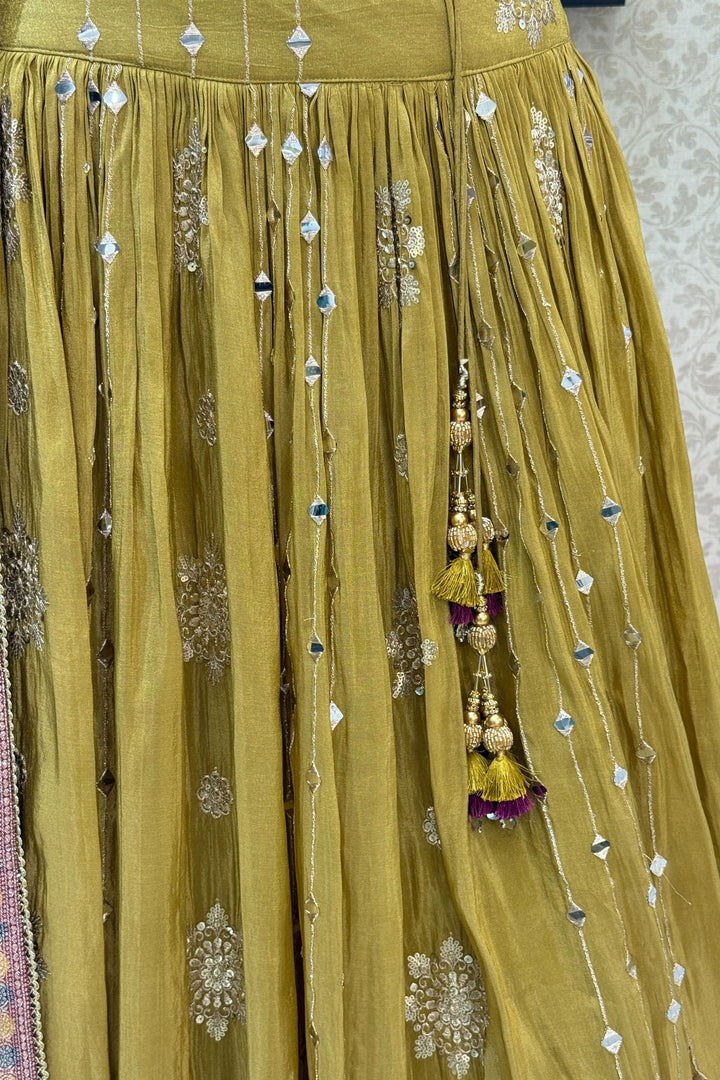 Olive Green Mirror, Beads, Zardozi and Sequins work Crop Top Lehenga