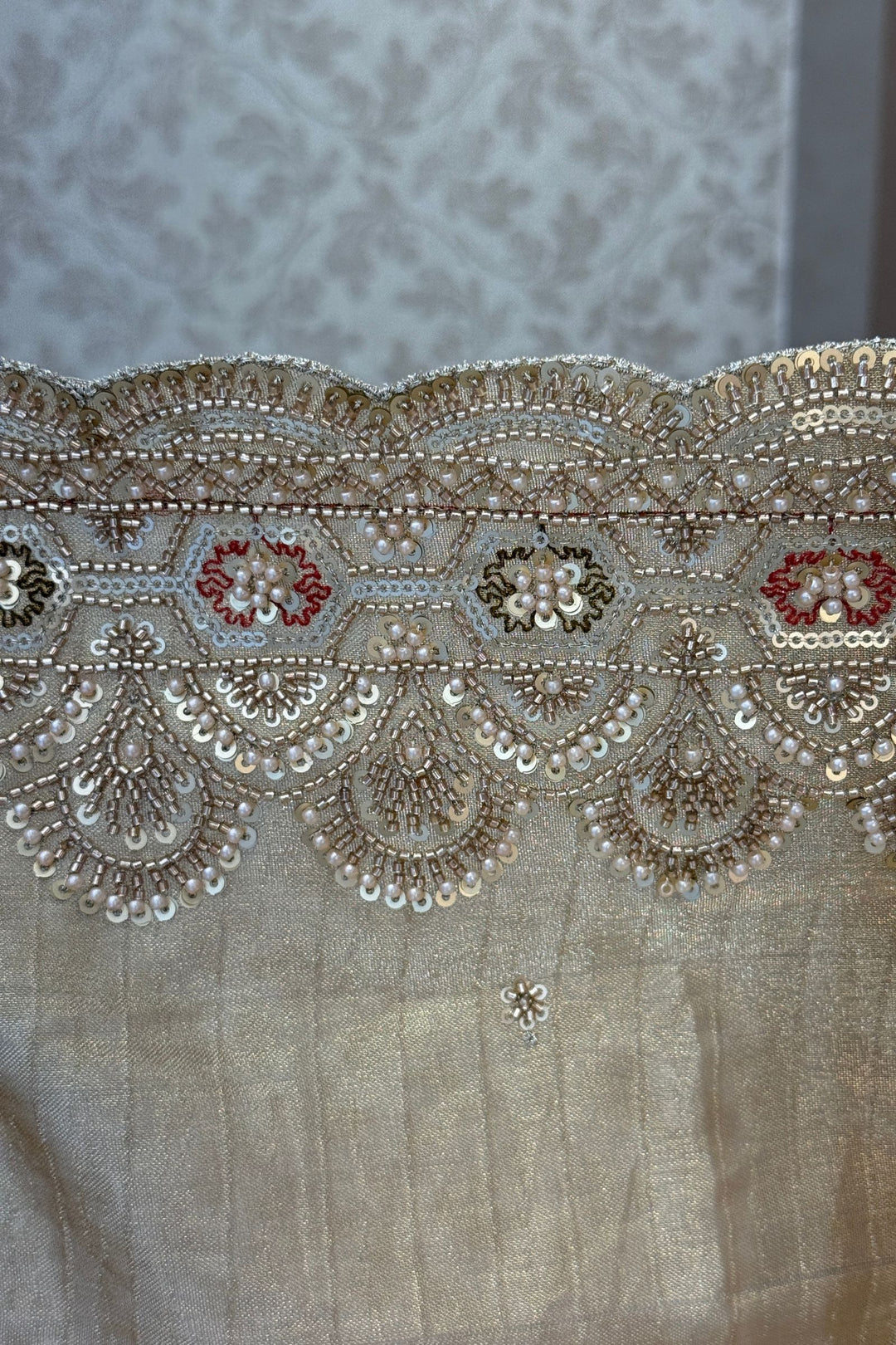 Copper Gold Beads, Sequins and Pearl work Saree