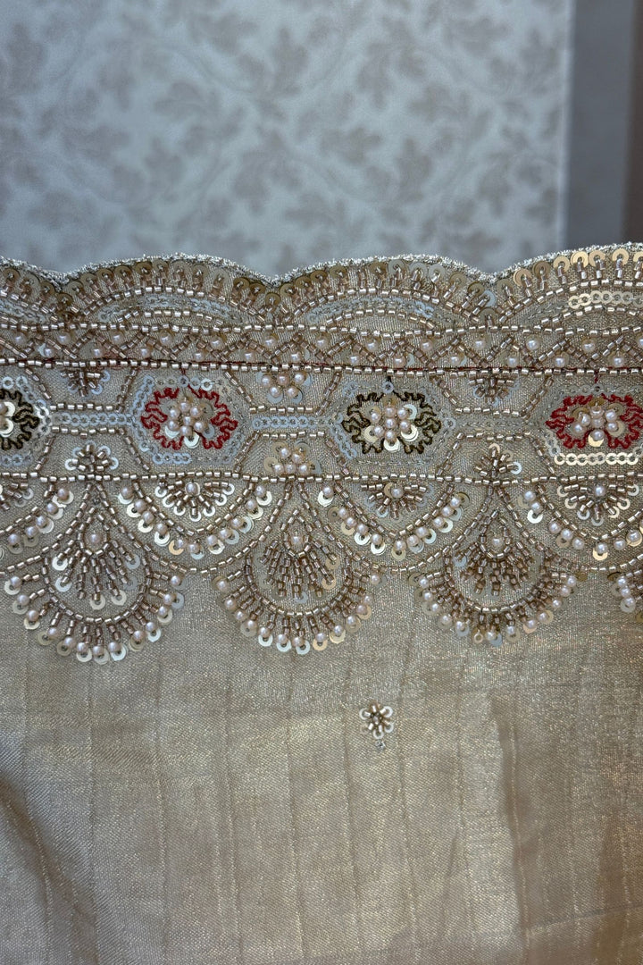 Copper Gold Beads, Sequins and Pearl work Saree