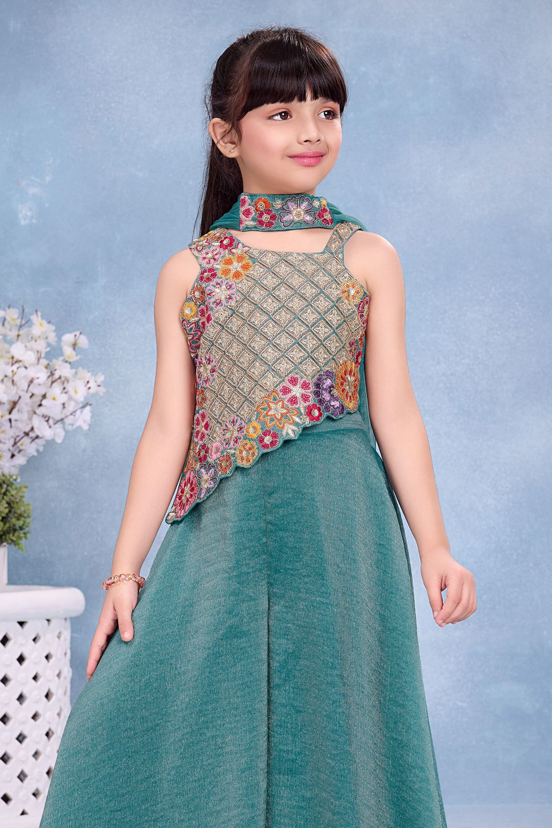 Green Multicolor Embroidery, Sequins, Zari and Beads work Palazzo Suit Set for Girls
