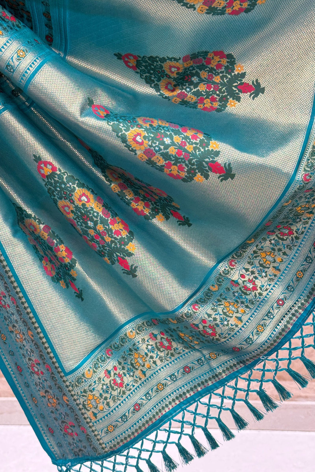 Rani Pink with Rama Blue Banaras work Saree