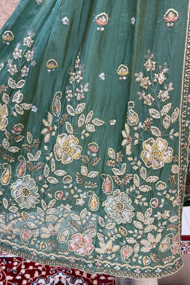 Sea Green Beads, Sequins and Thread work Long Top with Straight Pant