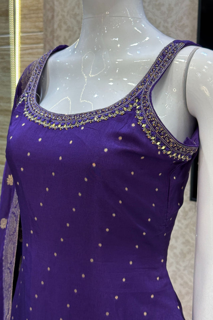 Purple Mirror, Stone, Zari and Banaras work Straight Cut Salwar Suit