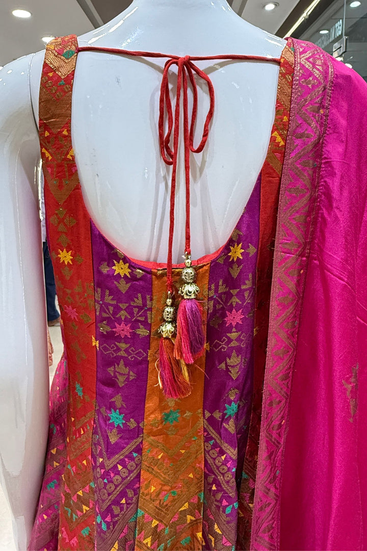Multicolor Banaras, Zardozi and Beads work Anarkali Style Salwar Suit with Palazzo Pant