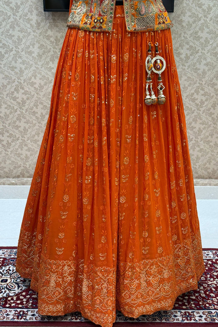 Orange Zardozi, Beads, Mirror, Stone, Zari and Beads work Peplum Style Lehenga