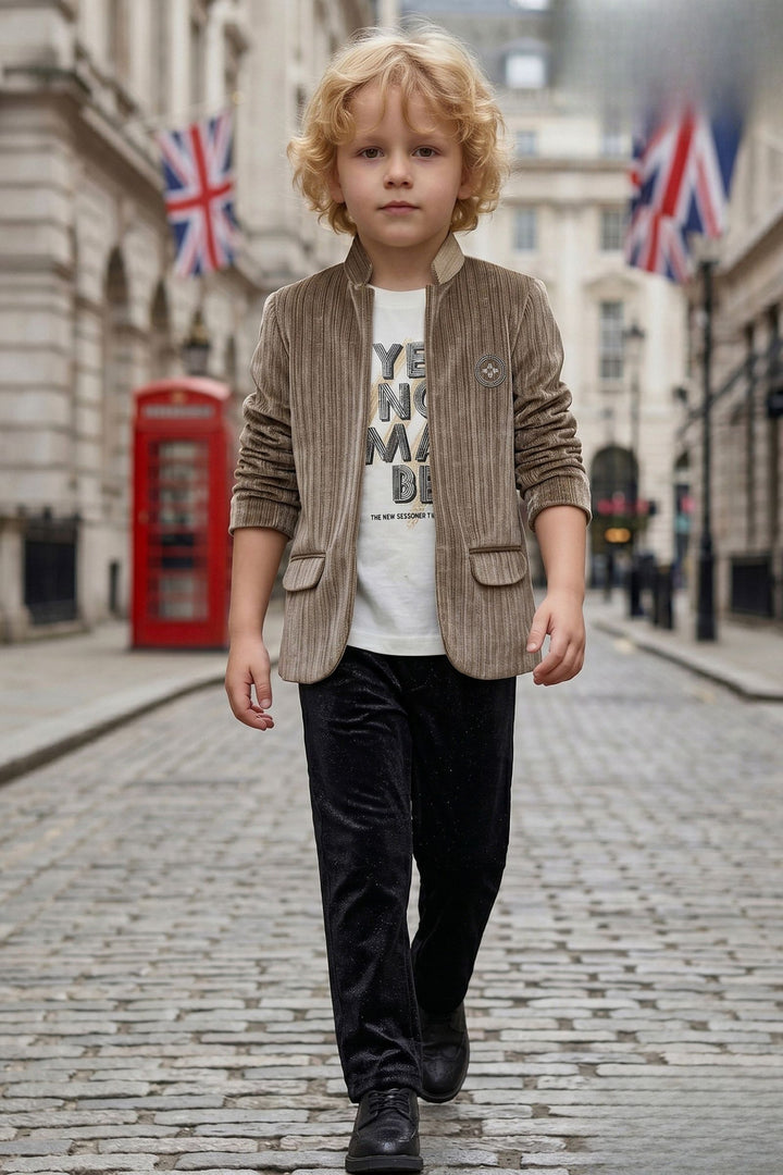 Boys Fawn Casual Blazer Set with White Printed T-Shirt and Black Pants