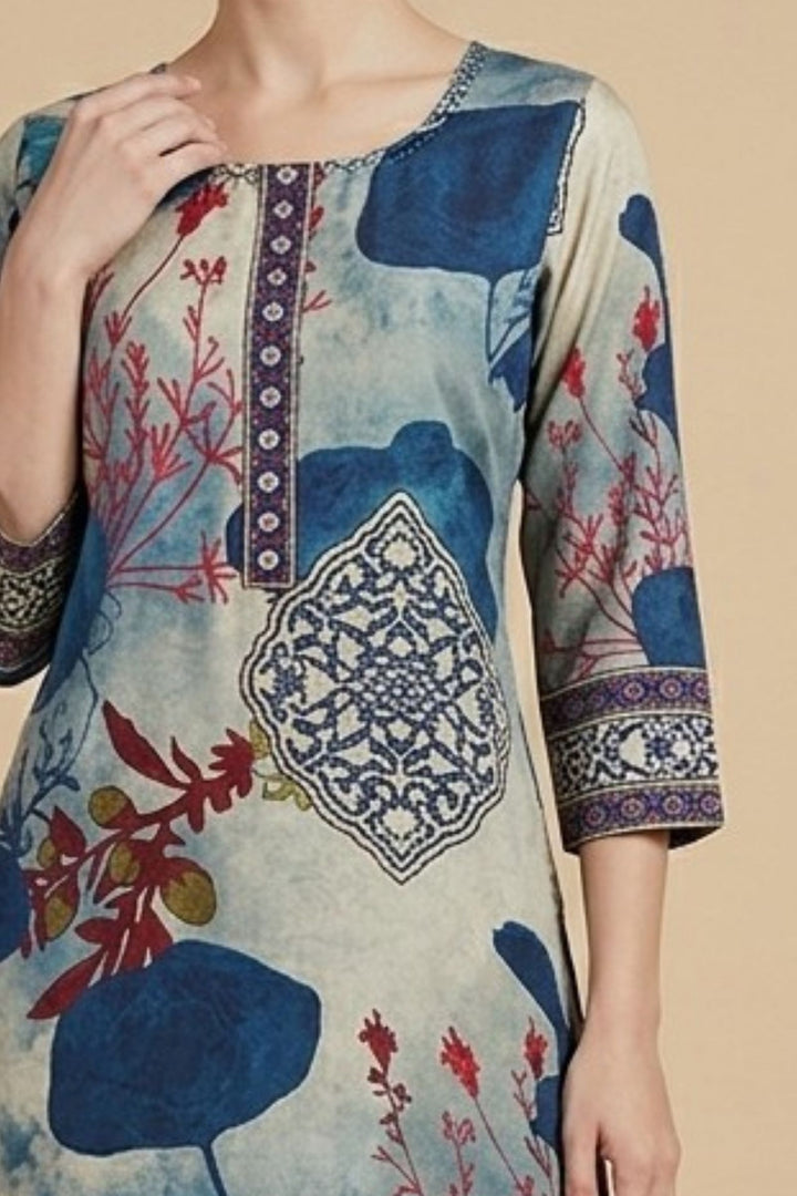 Beige Beads work with Digital Print Calf Length Kurti