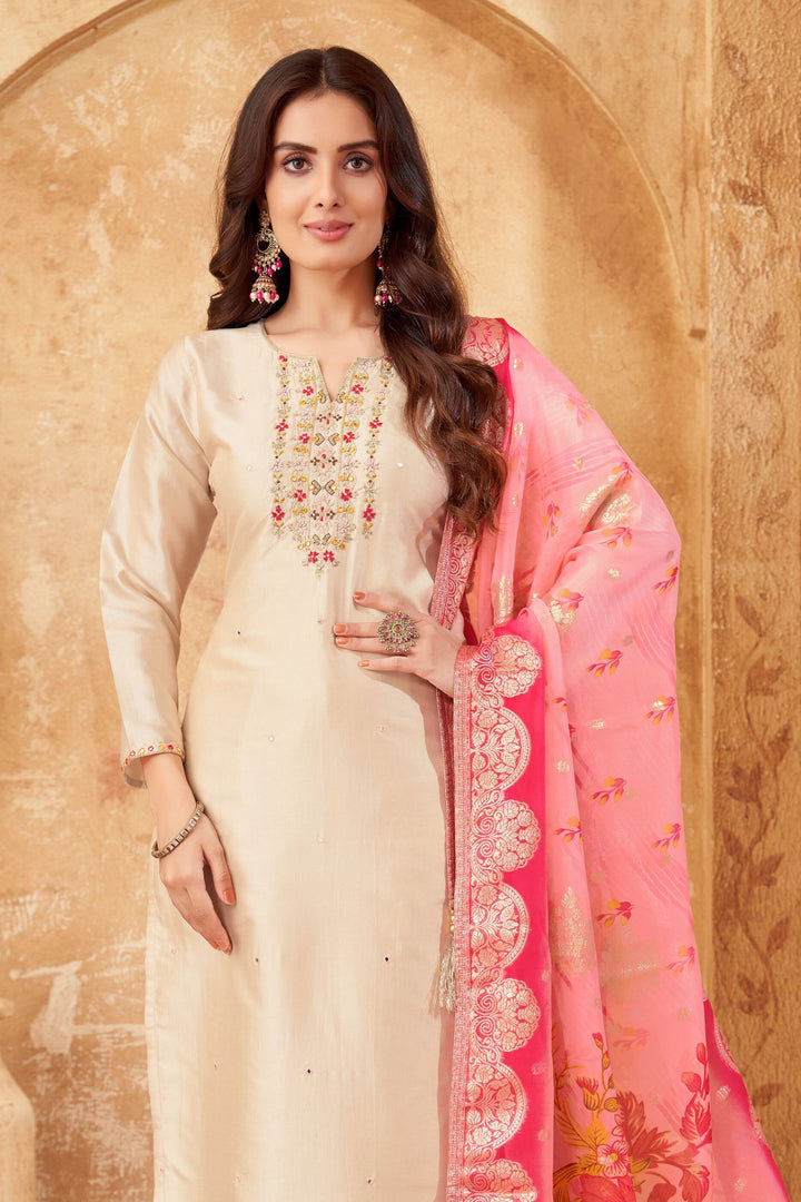 Beige Zardozi, Thread, Mirror and Beads work Straight Cut Salwar Suit