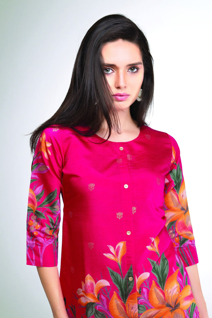 Rani Pink Floral Print Short Kurti