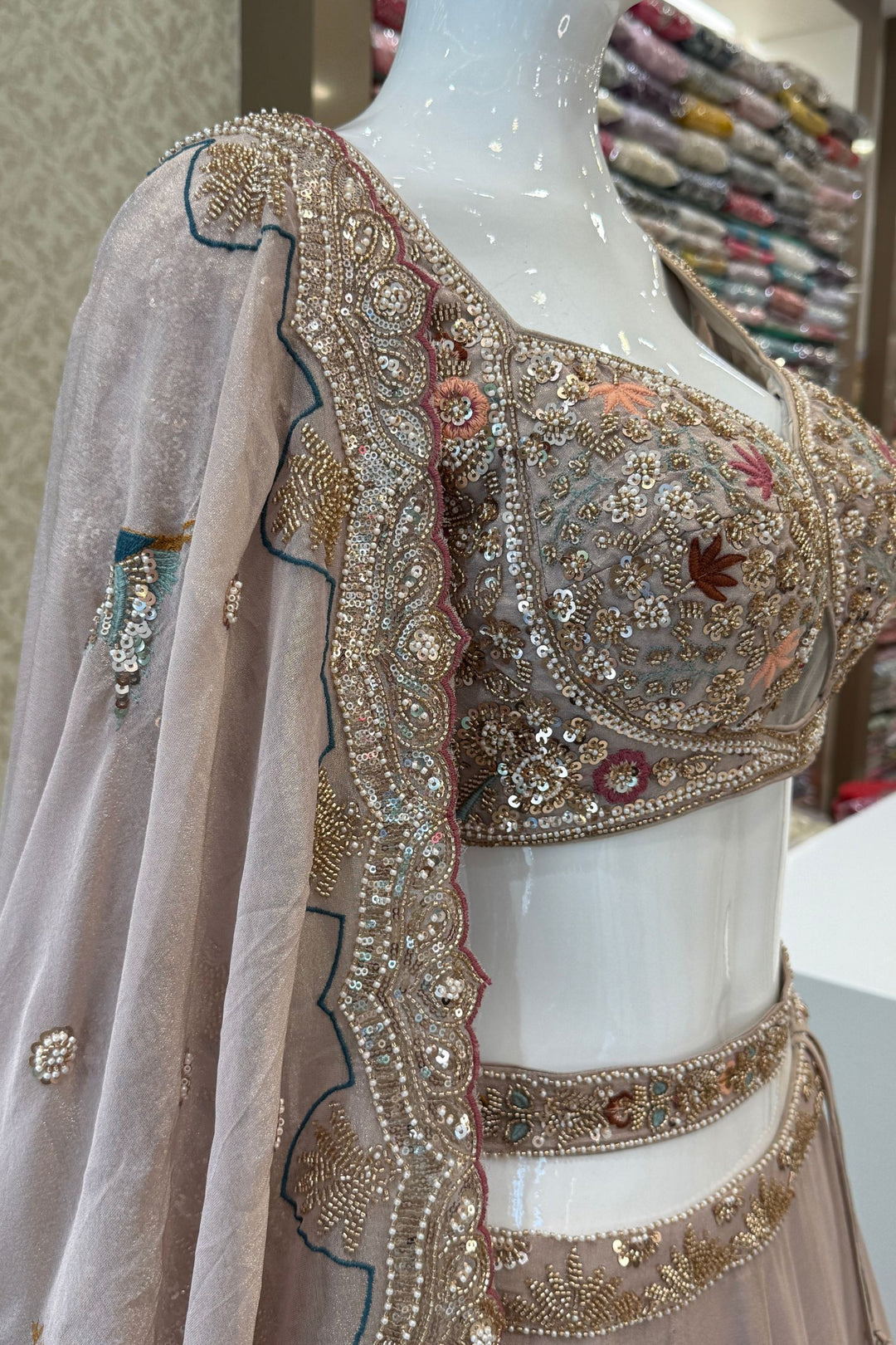 Beige Wedding Lehenga with Bird and Deer Motifs and Floral Bloom Embroidery with Belt