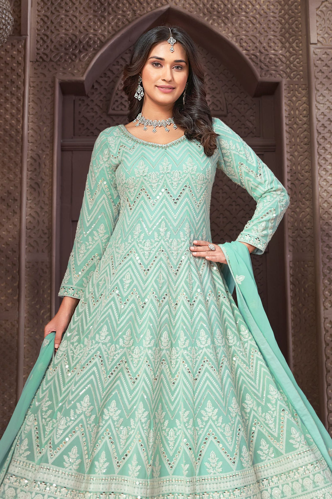 Sky Blue Embroidery, Sequins, Beads, Stone and Mirror work Floor Length Anarkali Suit