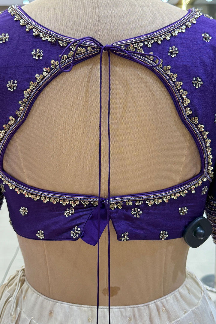 Designer Floral Banarasi Lehenga Set in Purple and Cream