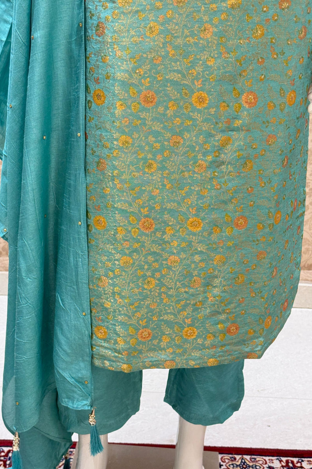 Sea Green Mirror, Zardozi, Stone, Beads and Brocade work Straight Cut Salwar Suit