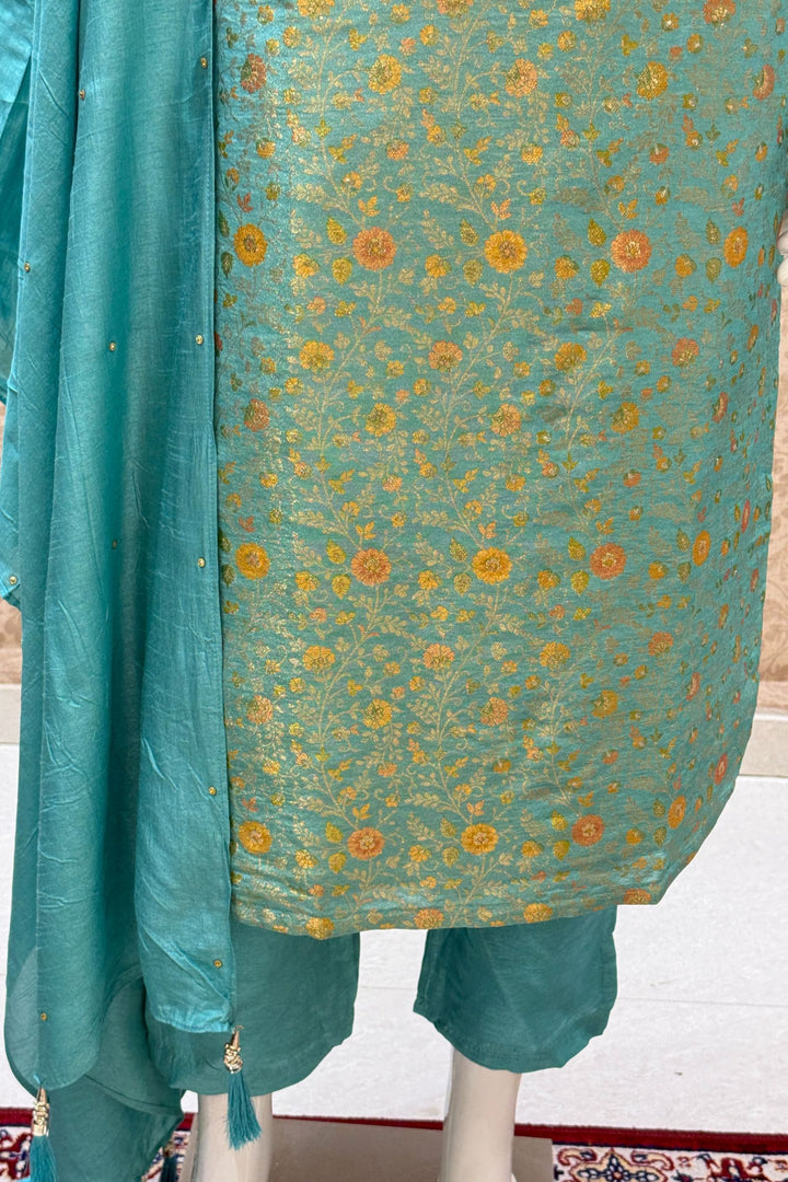 Sea Green Mirror, Zardozi, Stone, Beads and Brocade work Straight Cut Salwar Suit