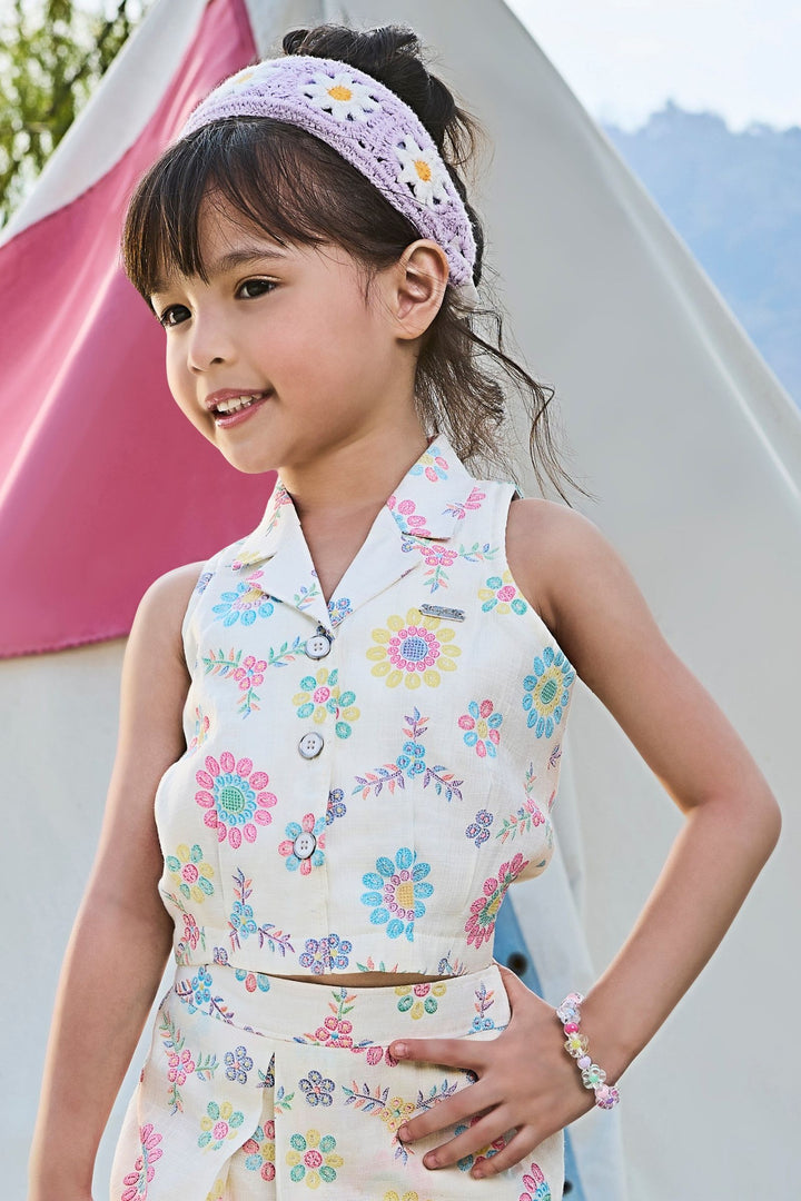 Half White Multicolor Digital Print Top and Divider Skirt for Girls