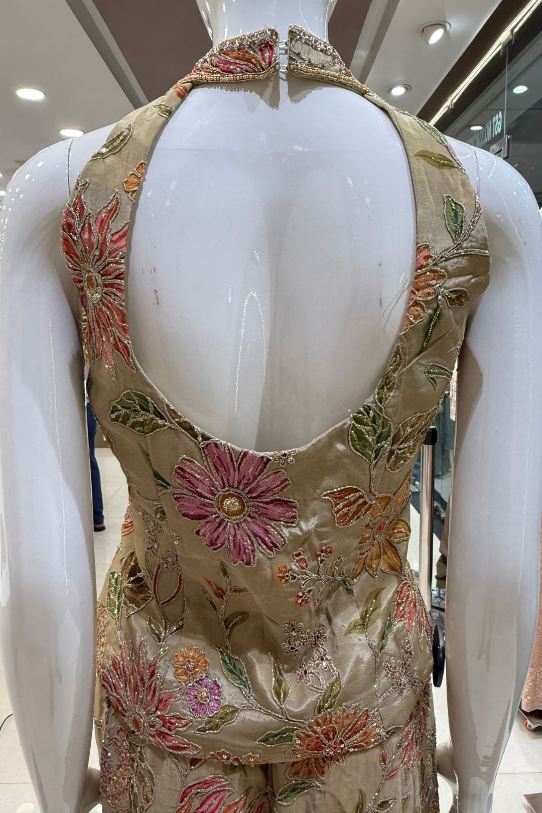 Beige Halter Neck Palazzo Set with Zardozi, Zari, Beads, Sequins, Stone and Mirror Detailing (Copy)