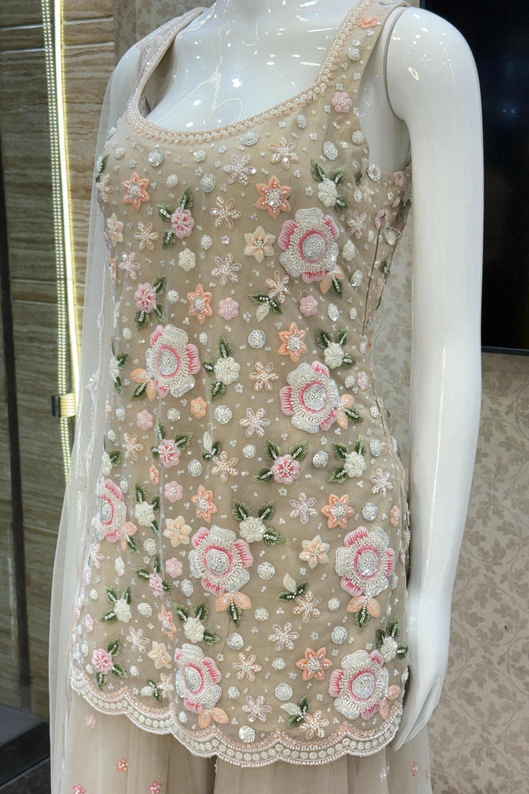 Beige Beads, Sequins and Multicolor Embroidery work Palazzo Salwar Suit