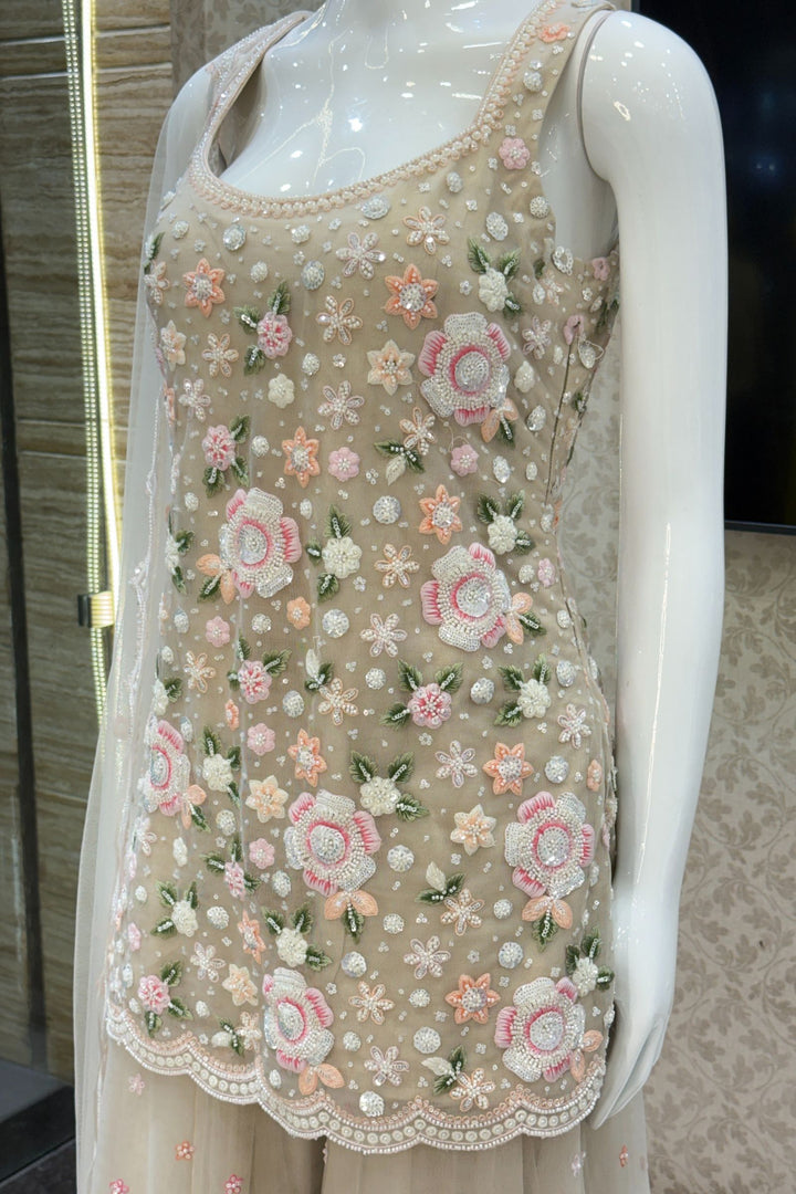 Beige Beads, Sequins and Multicolor Embroidery work Palazzo Salwar Suit