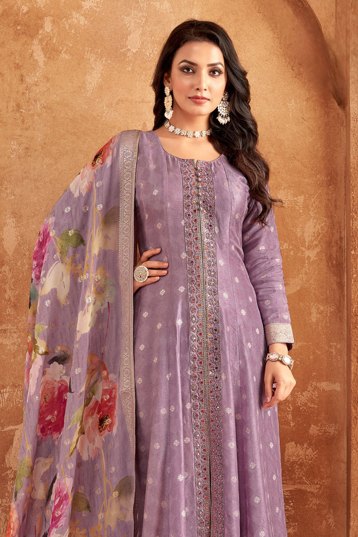 Lavender Banaras, Zardozi, Stone and Beads work Salwar Suit with Straight Pants