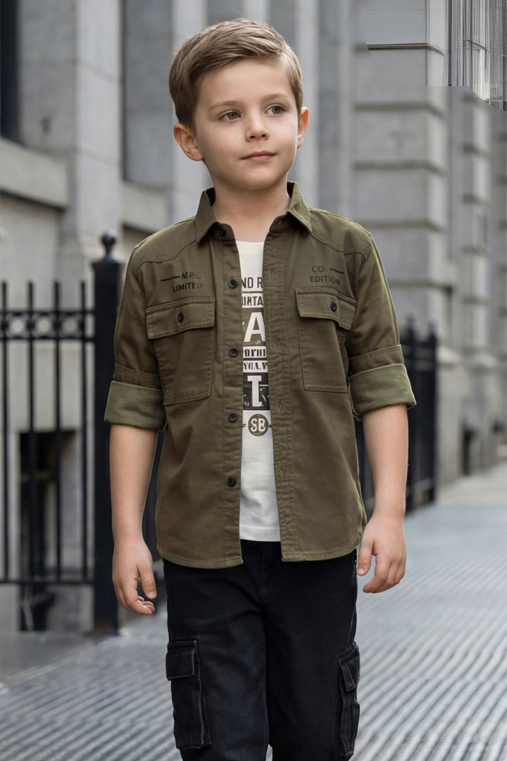 Green Blazer, Printed T-Shirt and Black Pant Set for Boys