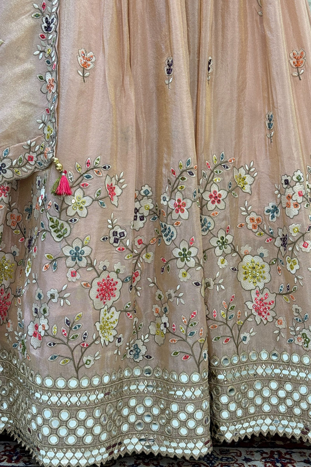 Light Peach Mirror, Sequins, Embroidery, Zardozi and Beads work Crop Top Lehenga
