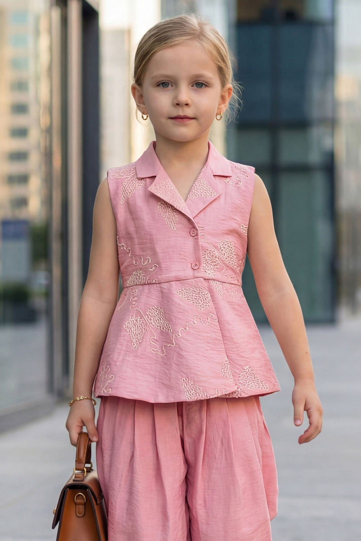 Pink Thread work Dhoti Style Peplum Top for Girls
