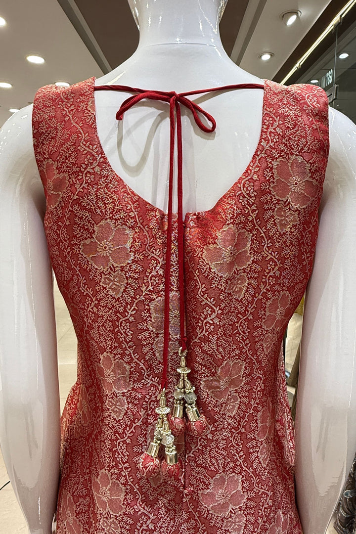 Red Brocade, Zardozi, Stone, Beads and Thread work Straight Cut Salwar Suit