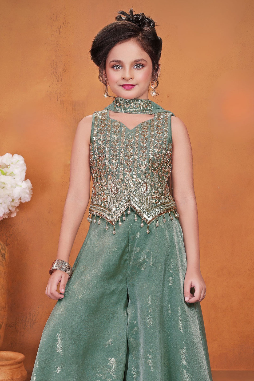 Sea Green Beads, Sequins and Zari work Palazzo Suit Set for Girls