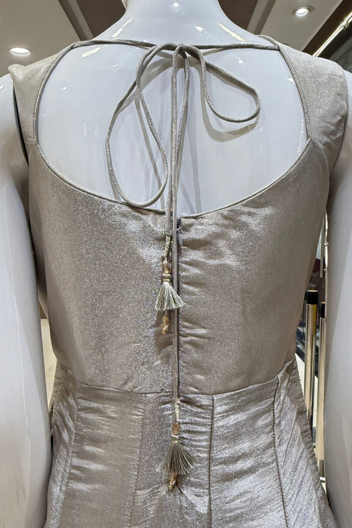 Silver Grey Zardozi, Beads and Sequins work Nyra Cut Salwar Suit with Palazzo Pant