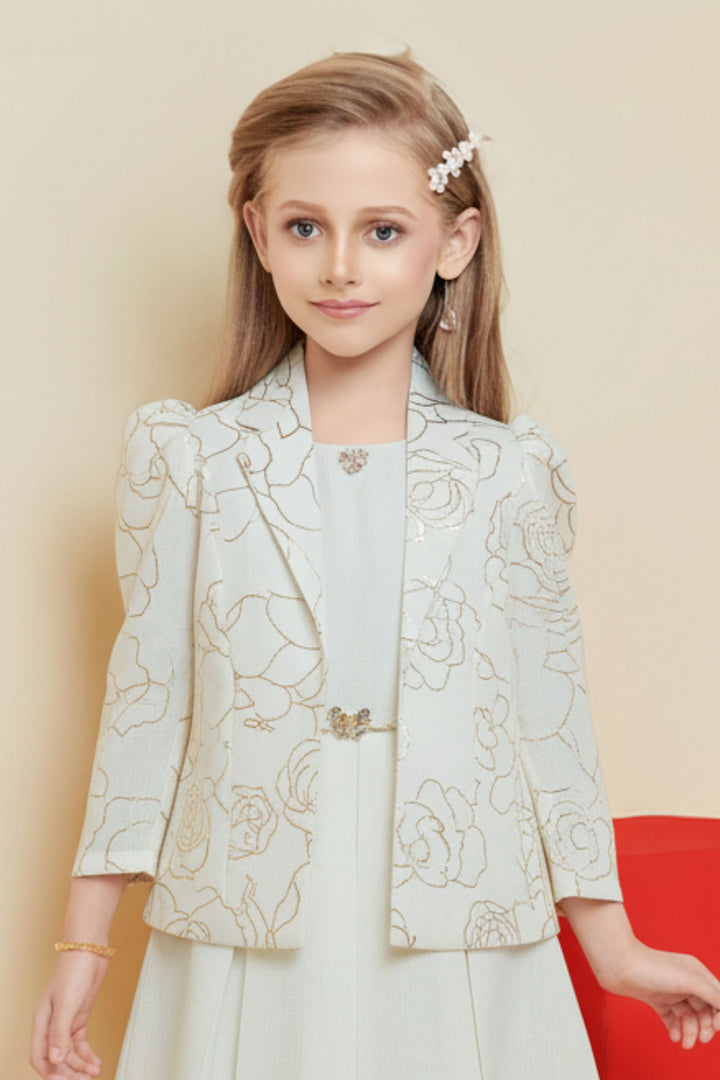 Cream Jacket Styled Short Frock For Girls with Belt