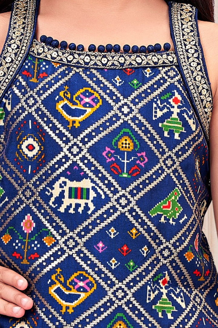 Navy Blue Sequins and Zari work with Patola Print Top and Afghani Set for Girls