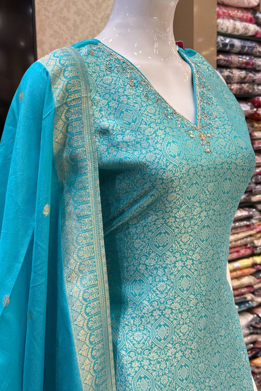 Firozi Blue Jacquard, Beads, Zardozi, Mirror and Sequins work Straight Cut Salwar Suit