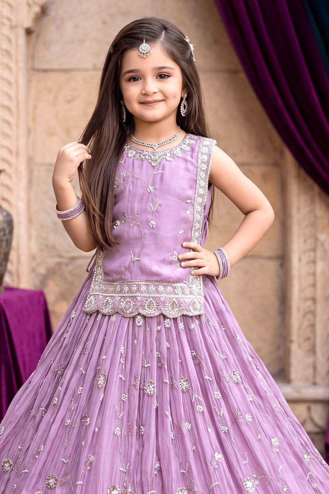 Lavender Beads, Sequins and Zari work Jacket Styled Long Party Gown for Girls