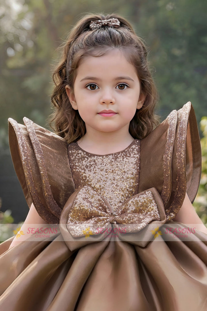 Chocolate Brown Sequins work Short Partywear Frock for Girls