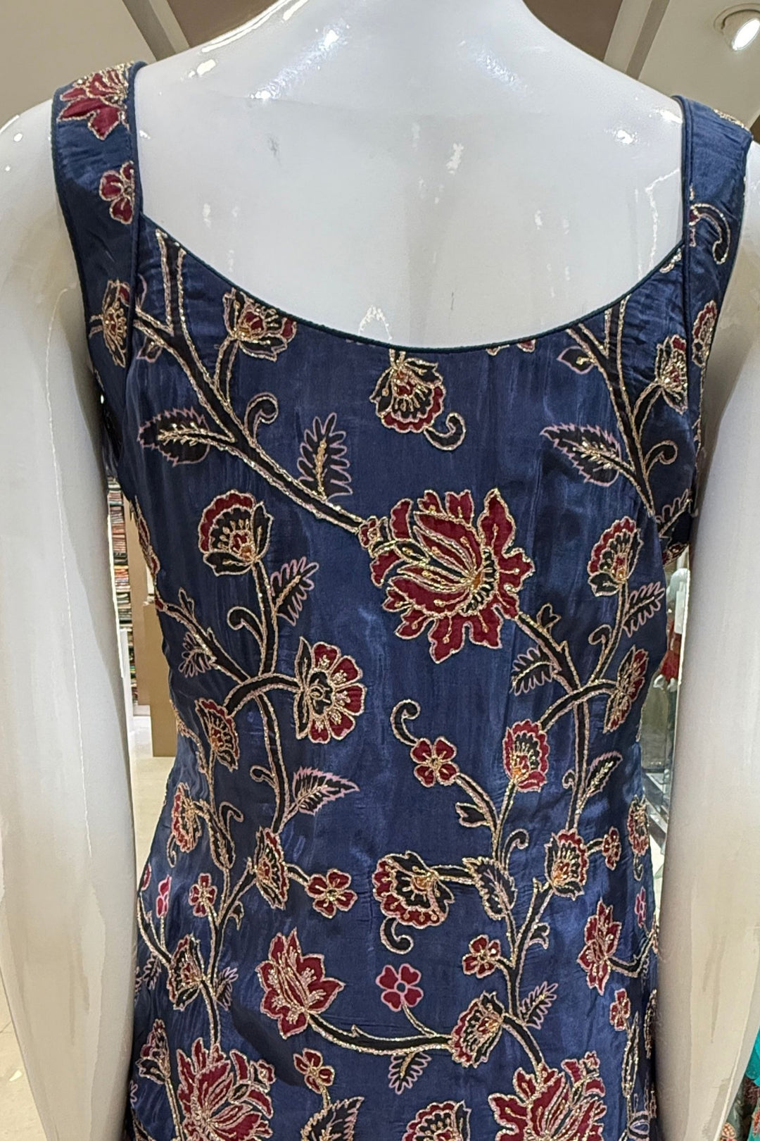 Navy Blue Zari, Zardozi, Sequins, Stone and Beads work with Floral Print Palazzo Salwar Suit