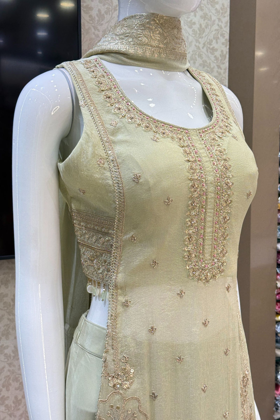 Pista Green Zari and Sequins work High Slit Palazzo Set