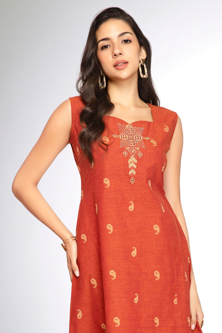 Brick Red Thread and Mirror work A-Line Cut Calf Length Kurti