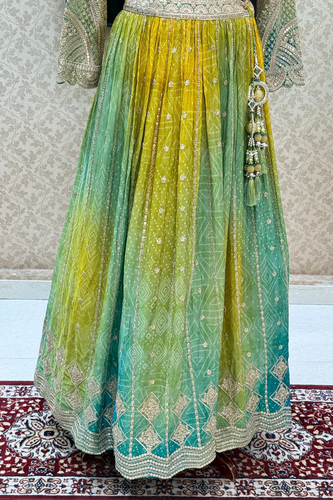 Yellow with Green Sequins, Zari and Beads work with Bandini Print Crop Top Lehenga