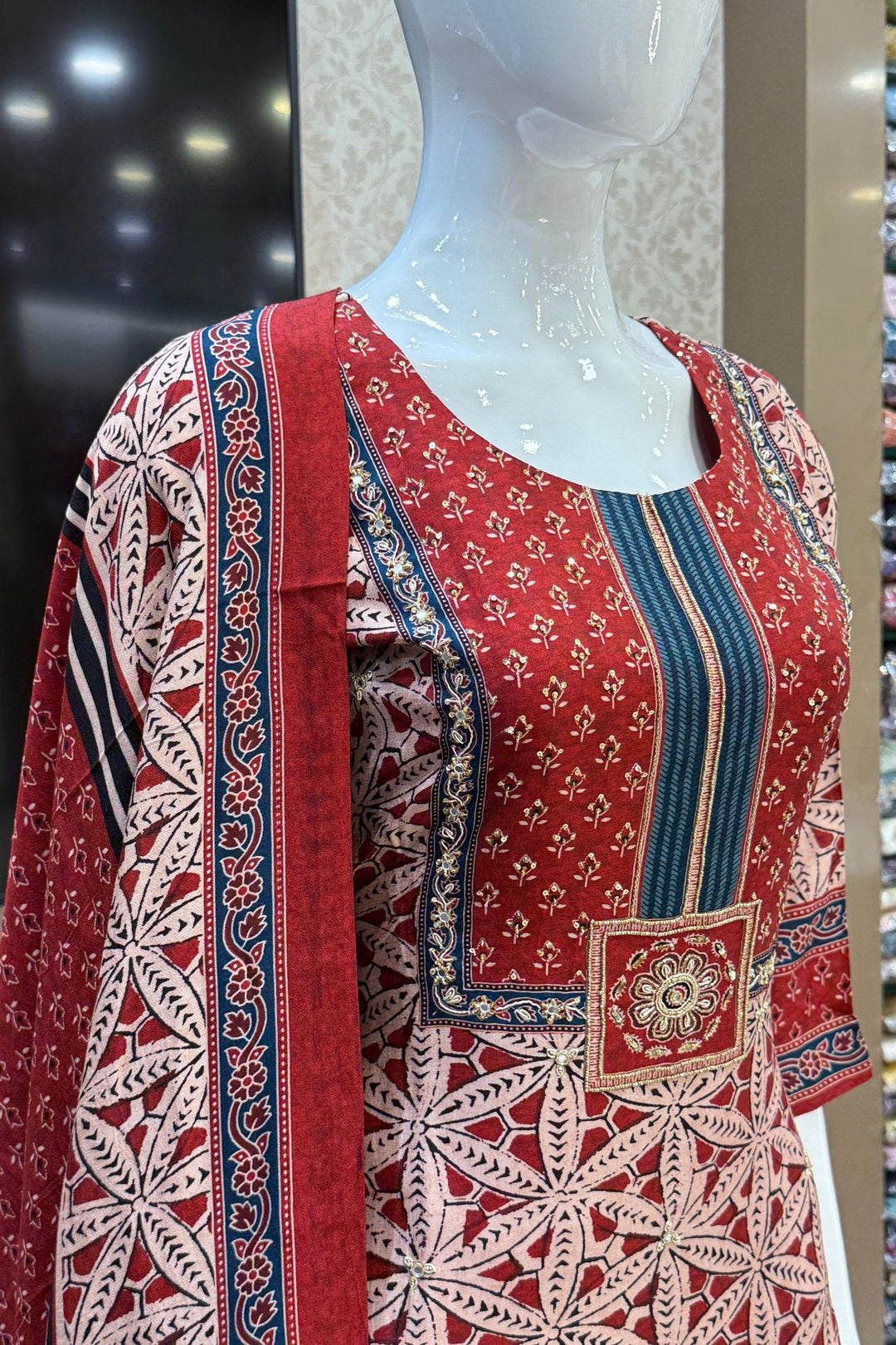 Maroon with Beige Sequins and Beads work with Ajrakh Print Straight Cut Salwar Suit