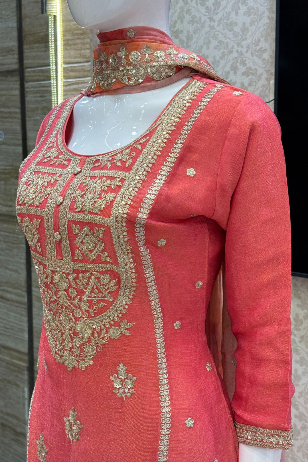 Tomato Red Zari and Sequins work with Digital Print Palazzo Salwar Suit