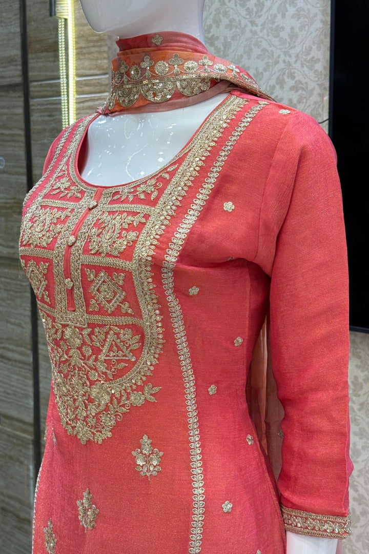 Tomato Red Zari and Sequins work with Digital Print Palazzo Salwar Suit