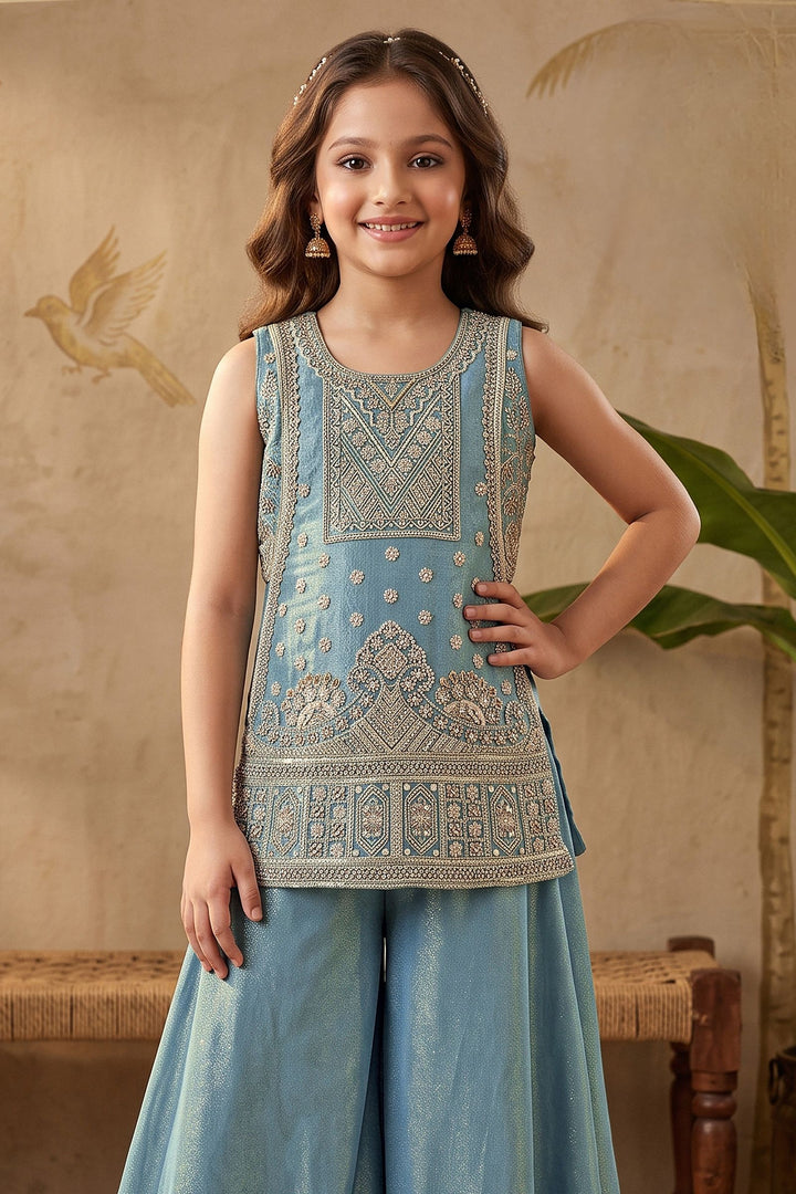 Light Blue Beads, Zari and Sequins work Palazzo Suit Set for Girls